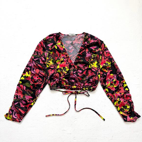 Open Edit Satin Floral Wrap Style Crop Top XS Long Sleeve Back Tie Elastic Waist - Picture 1 of 6